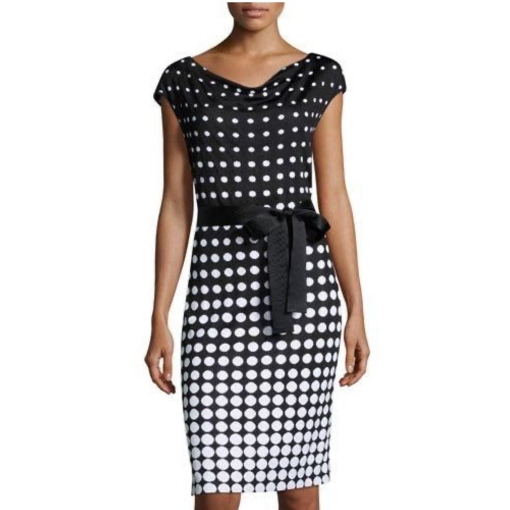 ST. JOHN Knit Stretch Polka Dot Dress Sheath Size 12 Quiet Luxury Classic Work